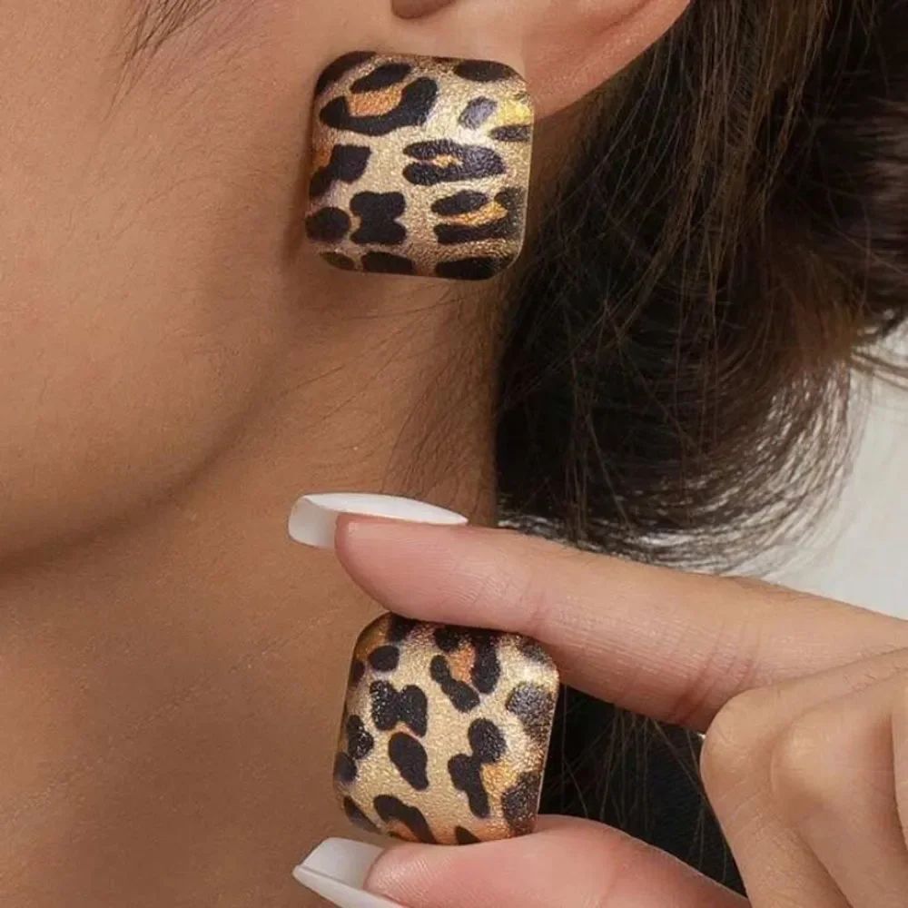 3for$20 1pair Vintage Geometric Leopard Print Matte Square Clip-On Earrings
